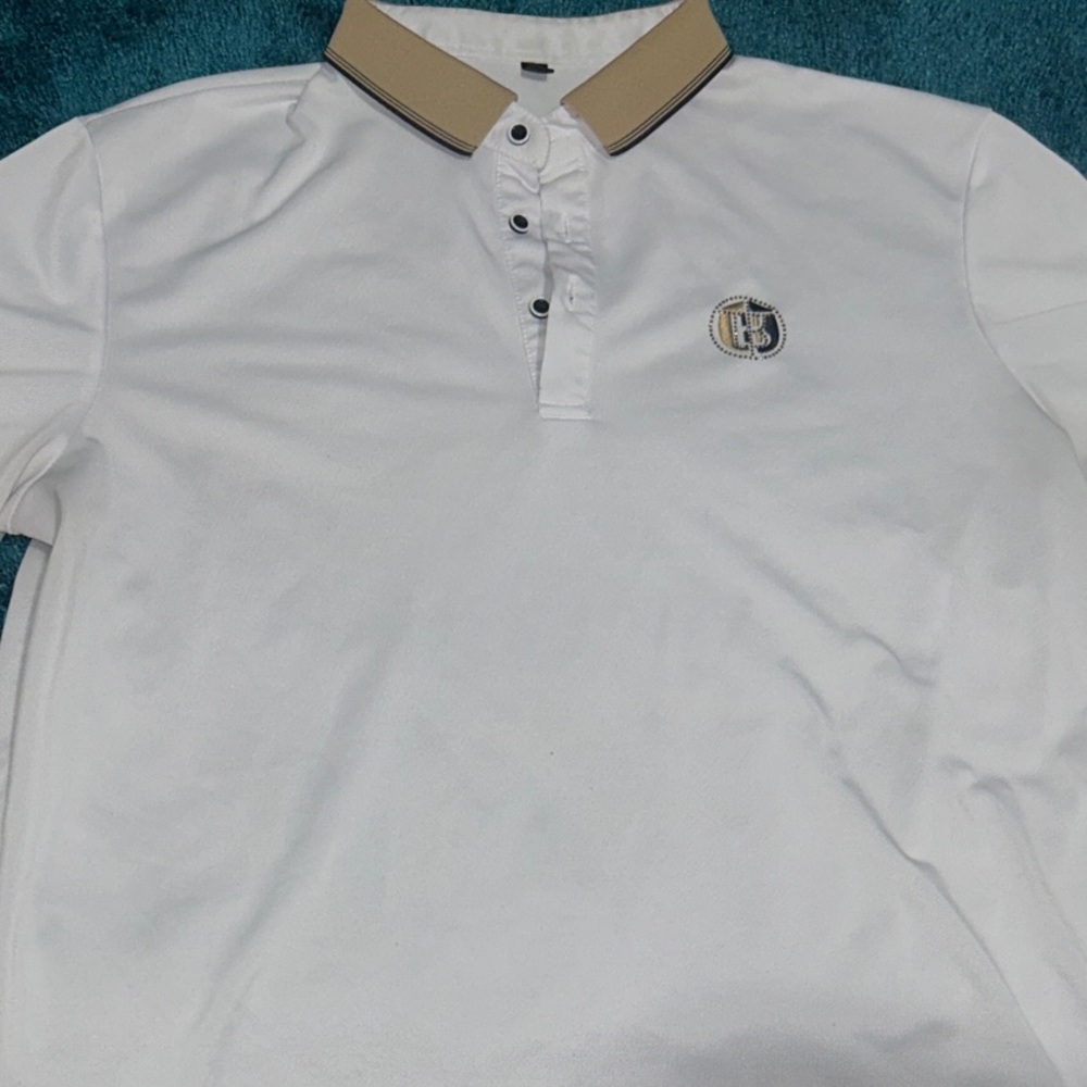Classic White Polo Shirt with Tan Collar